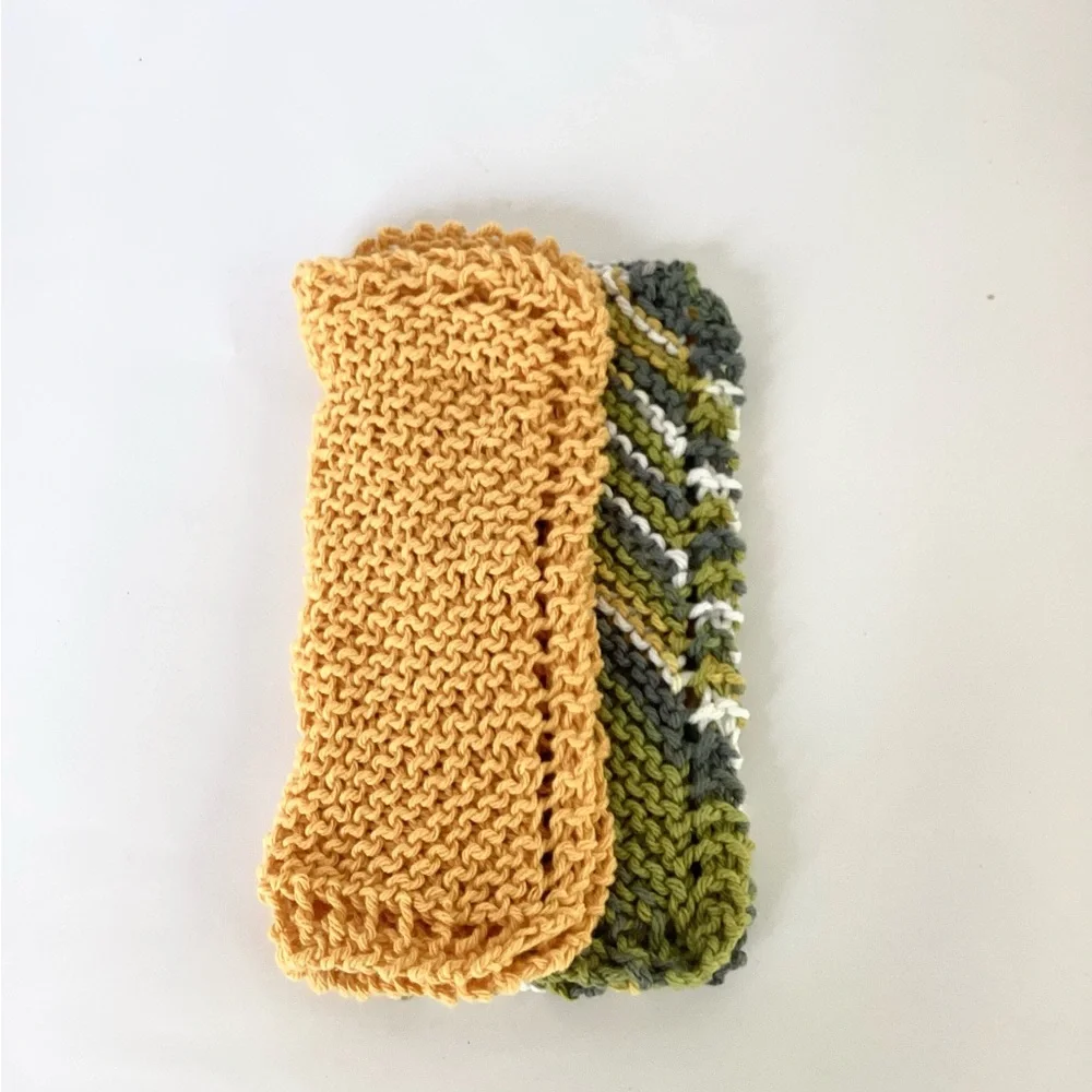 Dishcloth Washcloth Hand Crafted Gold Green Knit Cotton Rustic